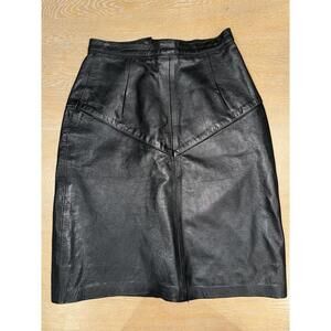 Vintage Real Leather Skirt XS 0/2 Black Genuine Lined Snap Below Knee Black